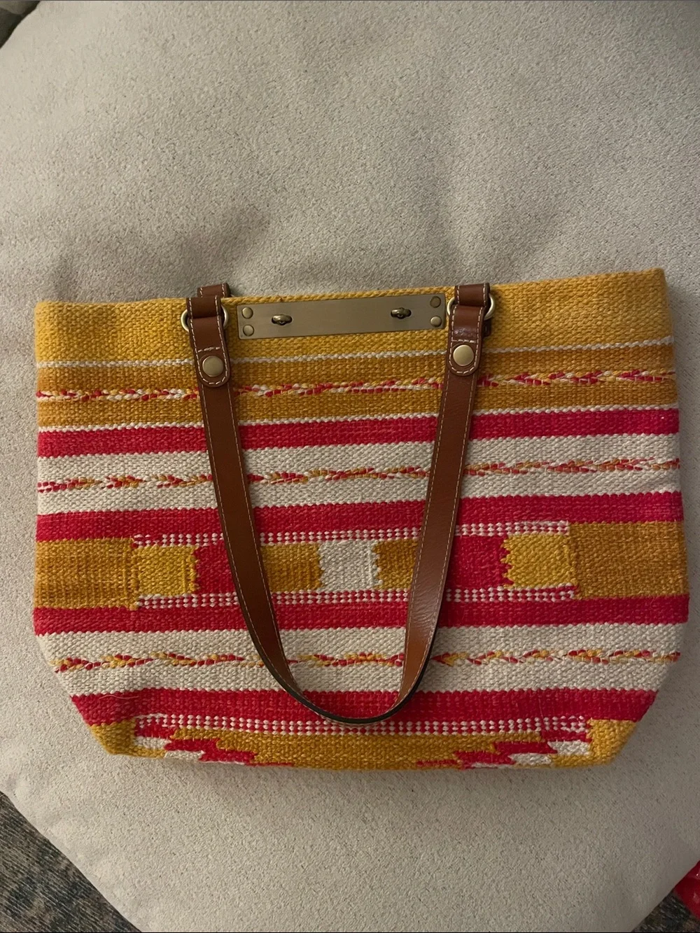 Patricia Nash Yellow, Pink & Cream Woven Tote with Brown Leather Handles
